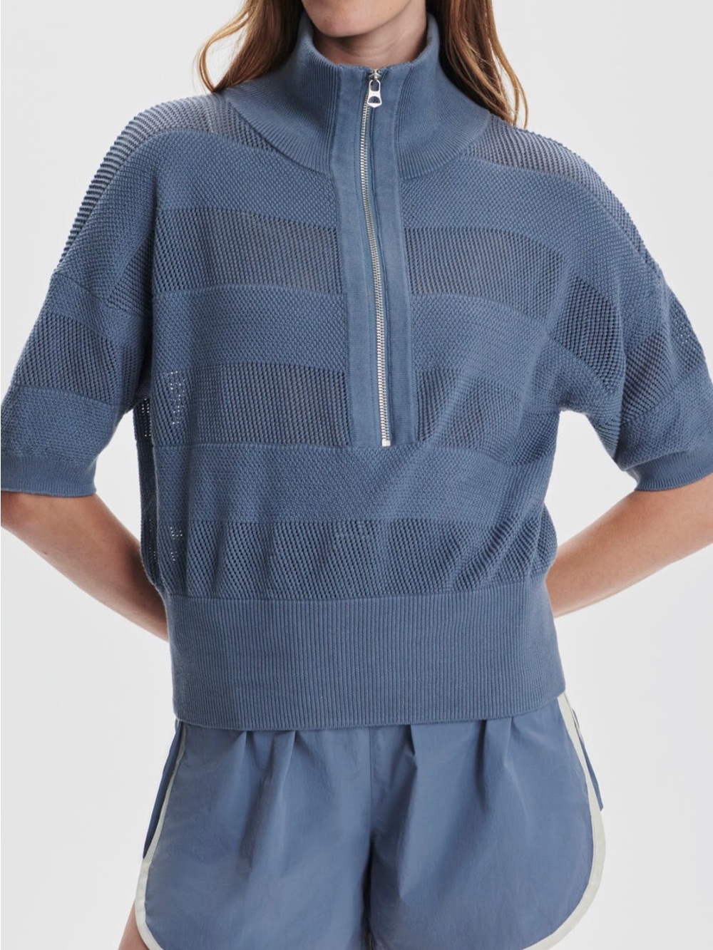 Varley Kembria Mesh Stripe Knit Half-Zip in Stone Blue